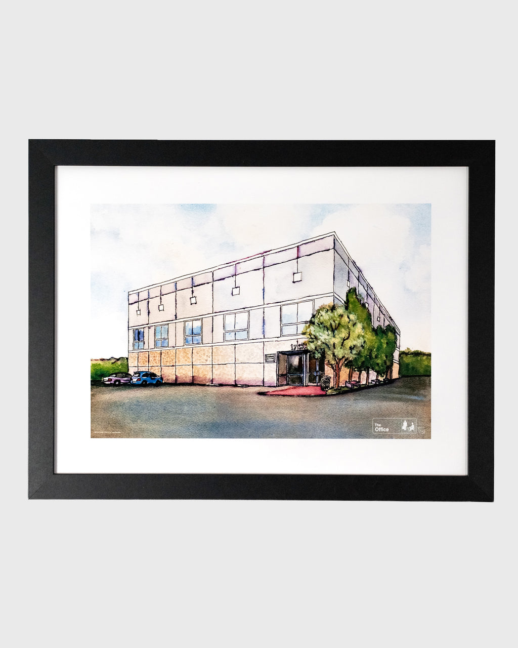 ilustracja budynku Dunder Mifflin z serialu The Office – plakat w czarnej ramie