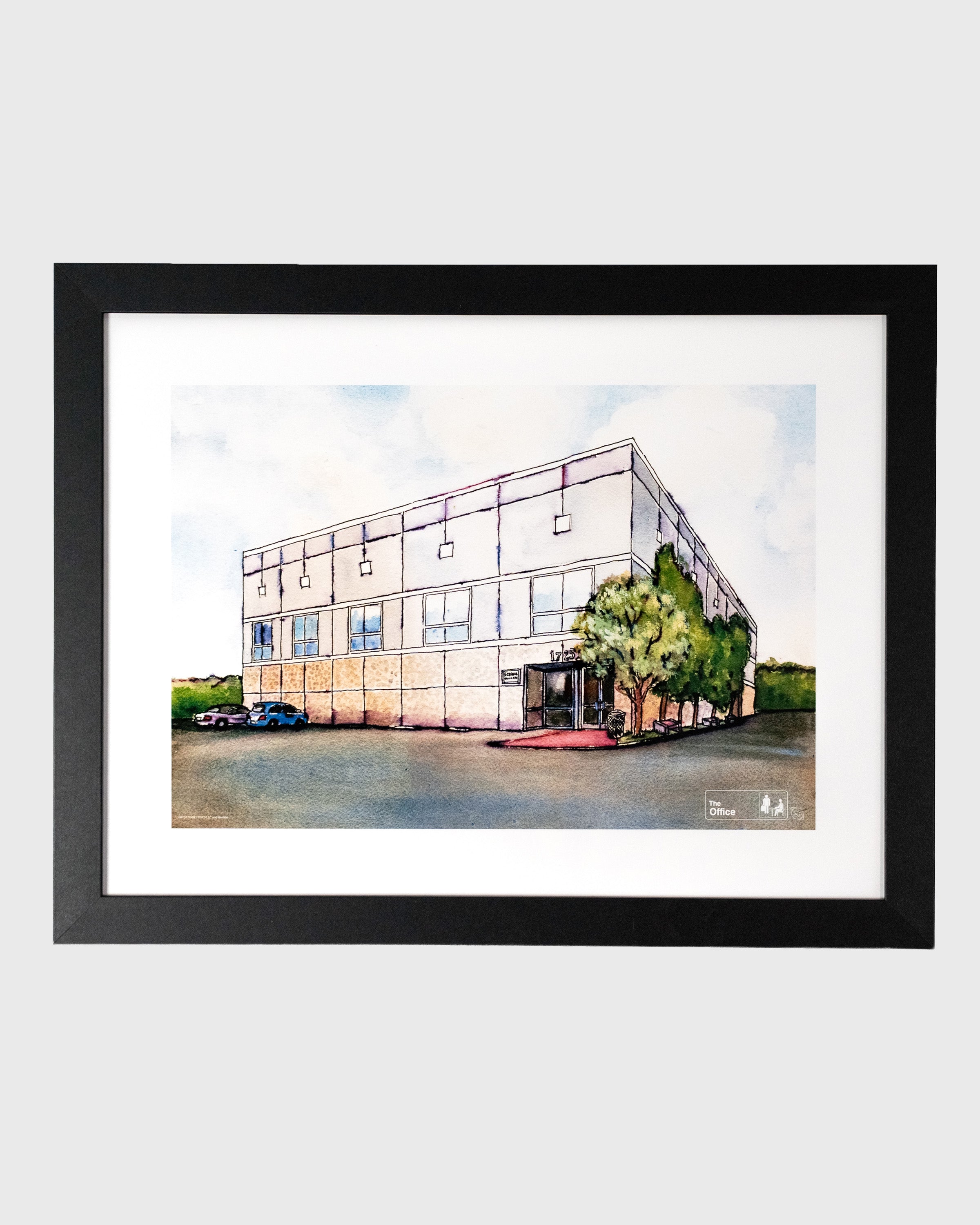 ilustracja budynku Dunder Mifflin z serialu The Office – plakat w czarnej ramie