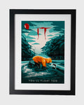 plakat IT To czerwony balon i hasło youll float too minimalistyczny plakat horror w czarnej ramie