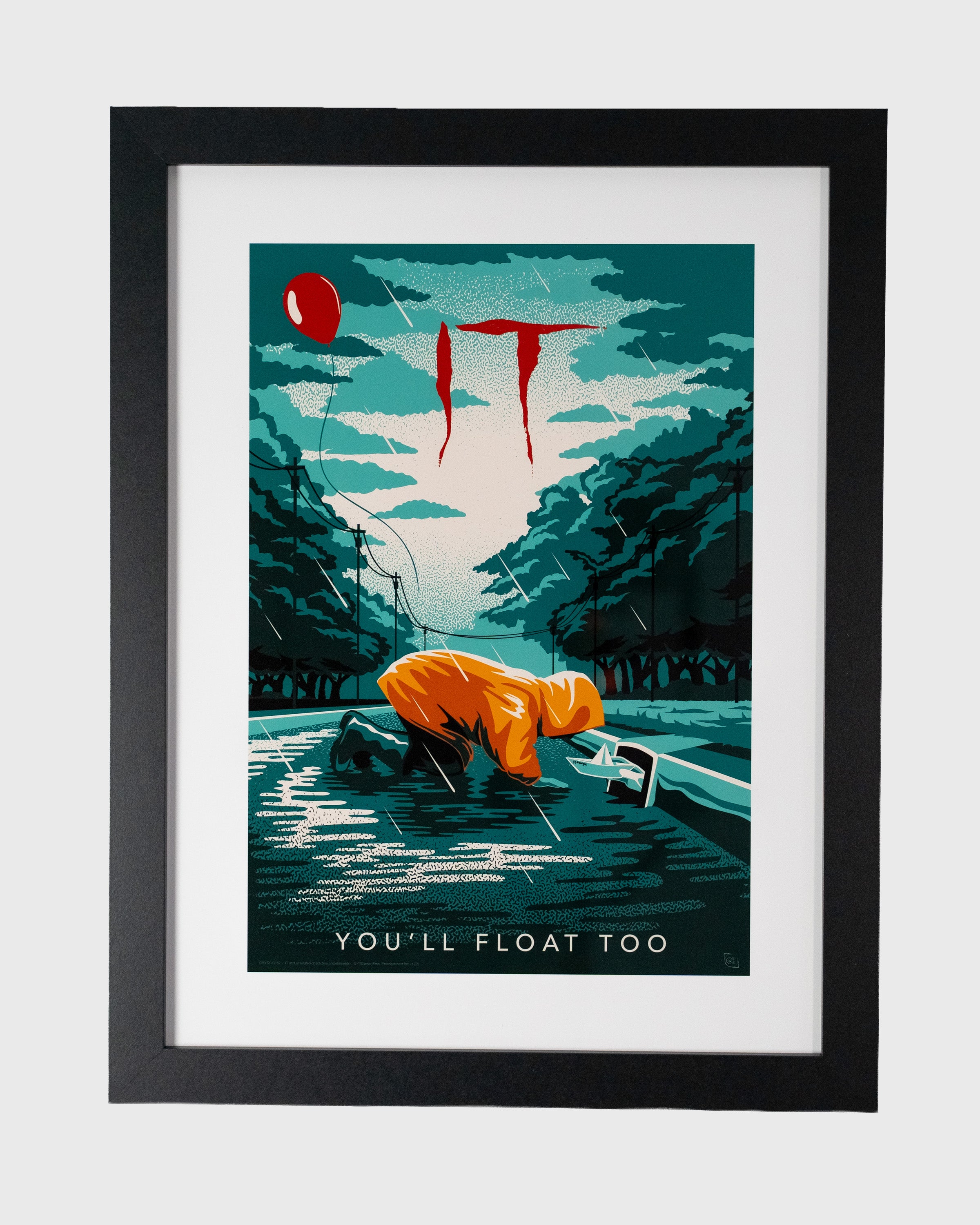 plakat IT To czerwony balon i hasło youll float too minimalistyczny plakat horror w czarnej ramie