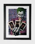 Plakat Joker w czarnej ramie z białym passe-partout, ilustracja komiksowa z kartami do gry