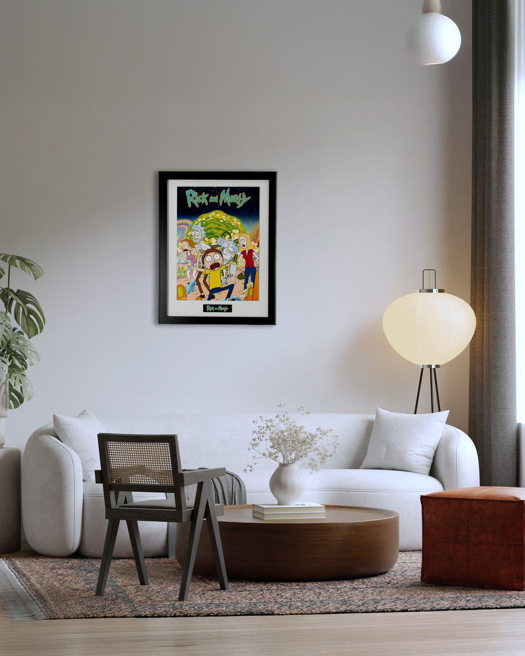 plakat Rick and Morty w salonie nowoczesna aranżacja ściany nad kanapą
