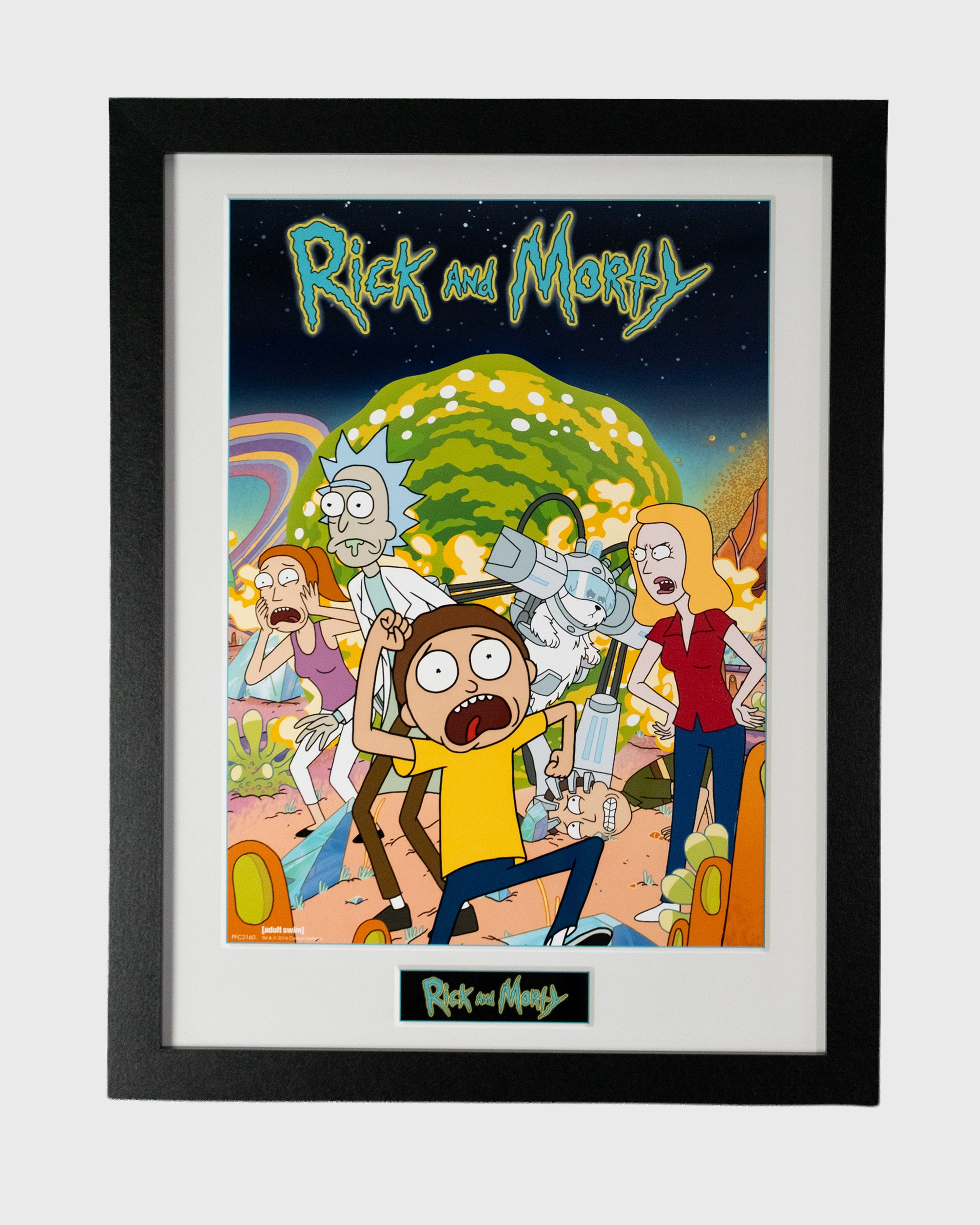 plakat Rick and Morty z bohaterami na kosmicznej planecie kolorowa grafika w czarnej ramie