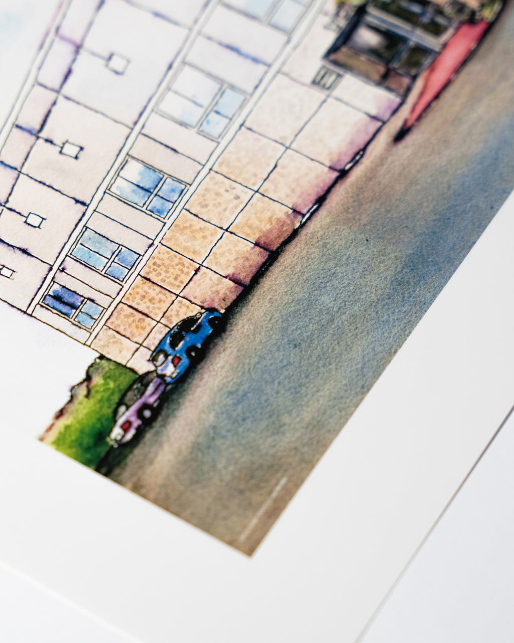 detal ilustracji budynku Dunder Mifflin z serialu The Office – akwarelowa grafika architektury biurowej