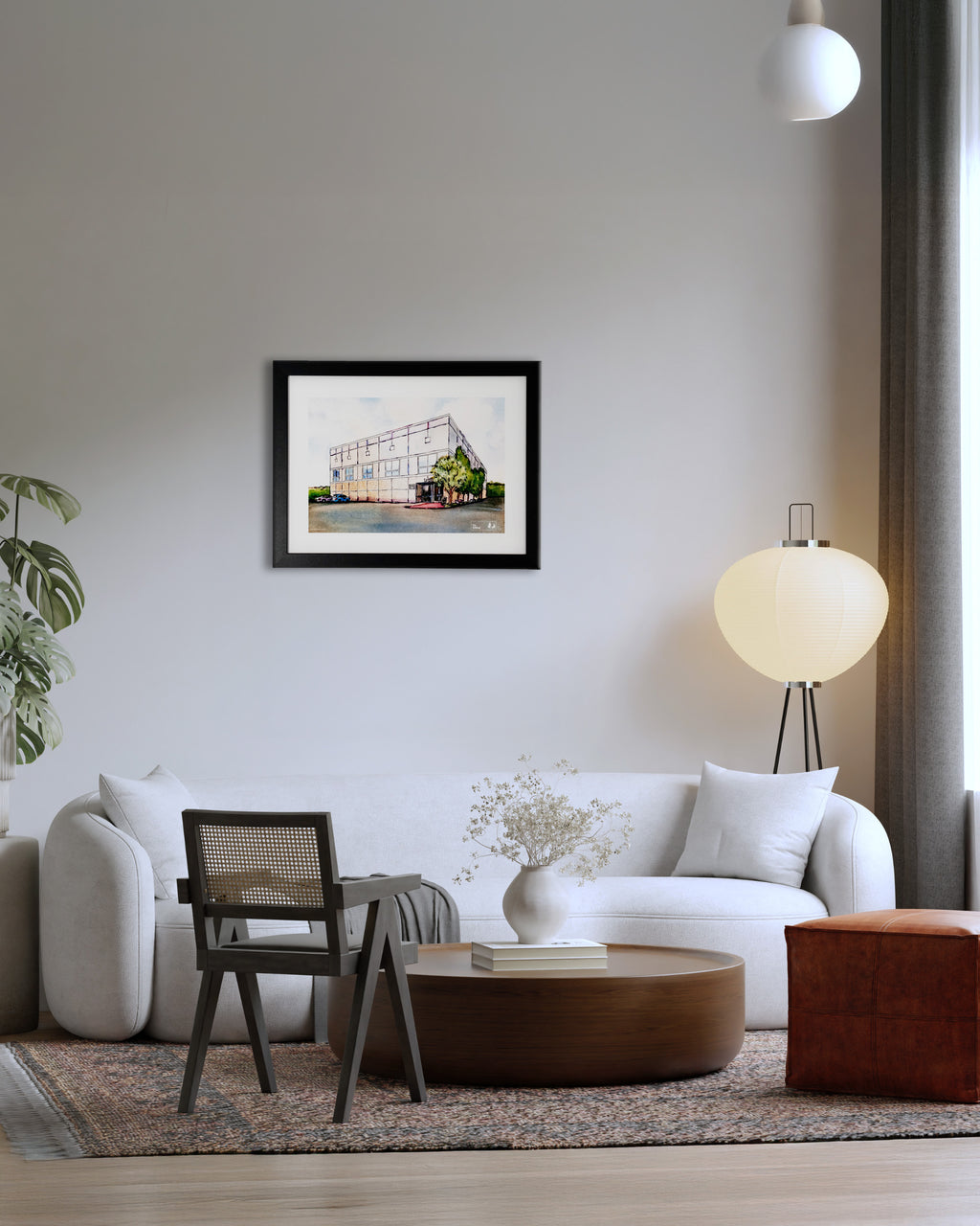 plakat The Office z budynkiem Dunder Mifflin w nowoczesnym salonie – aranżacja wnętrza, krzesło, lampa, nowoczesny stolik na środku